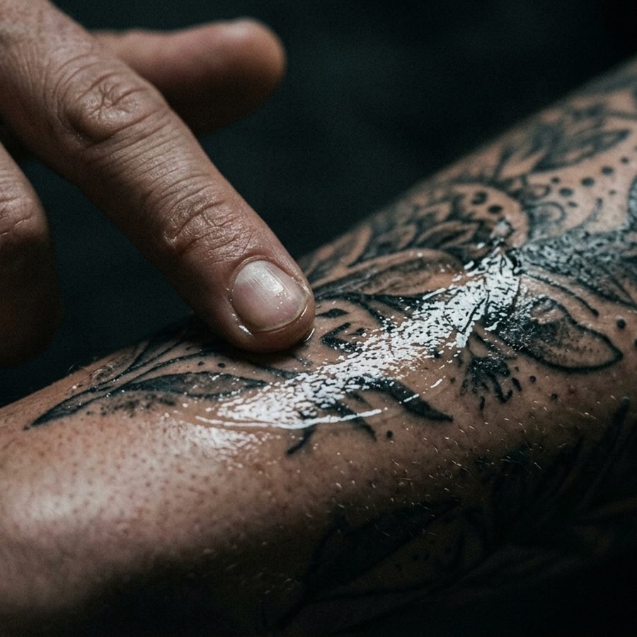 A thin layer of balm being spread across a healing tattoo