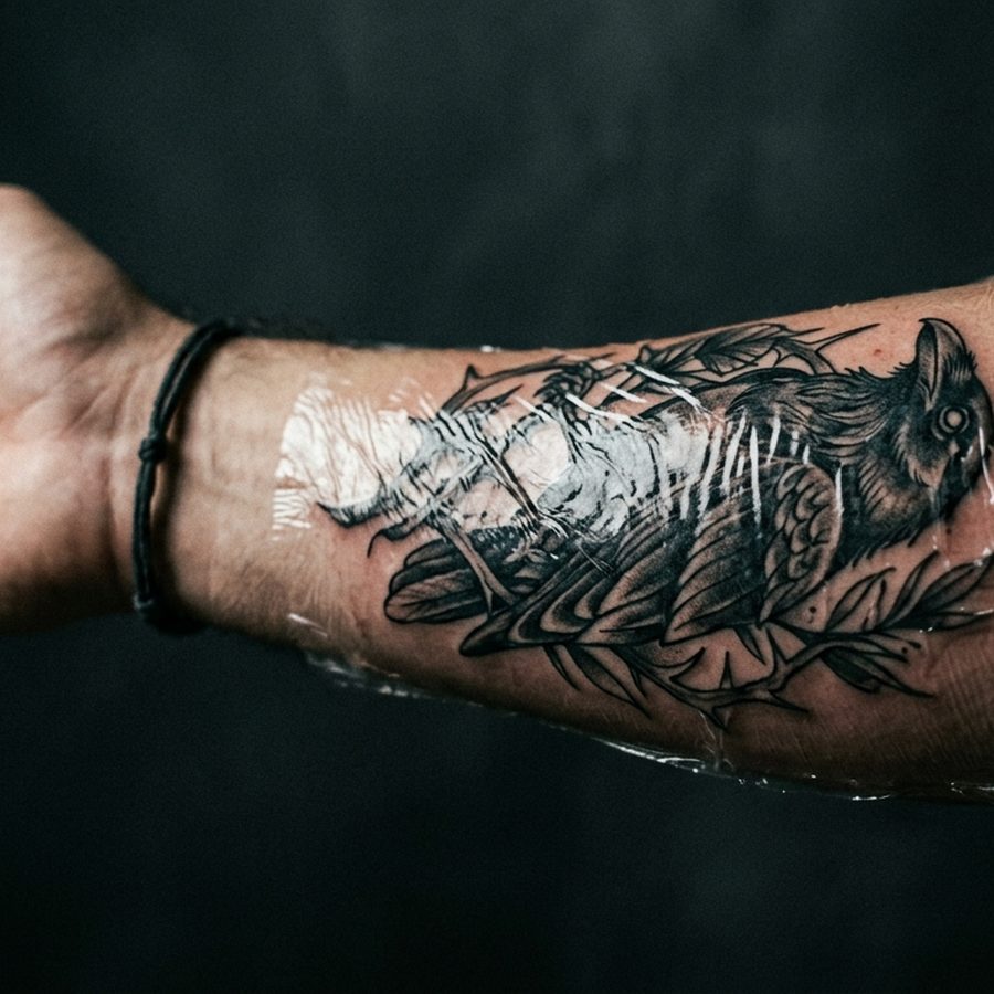 Fresh forearm tattoo sealed under a clear second-skin bandage