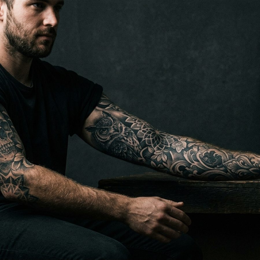 A fully healed black and grey tattoo sleeve