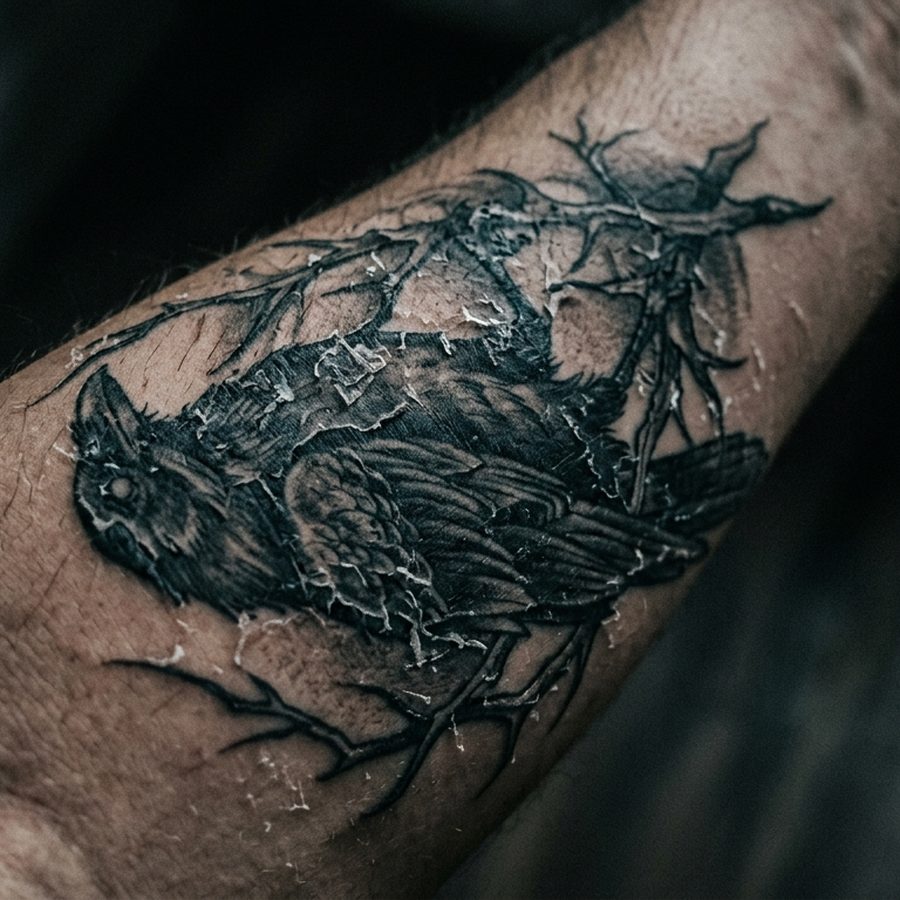 Healing tattoo in the dry, peeling stage