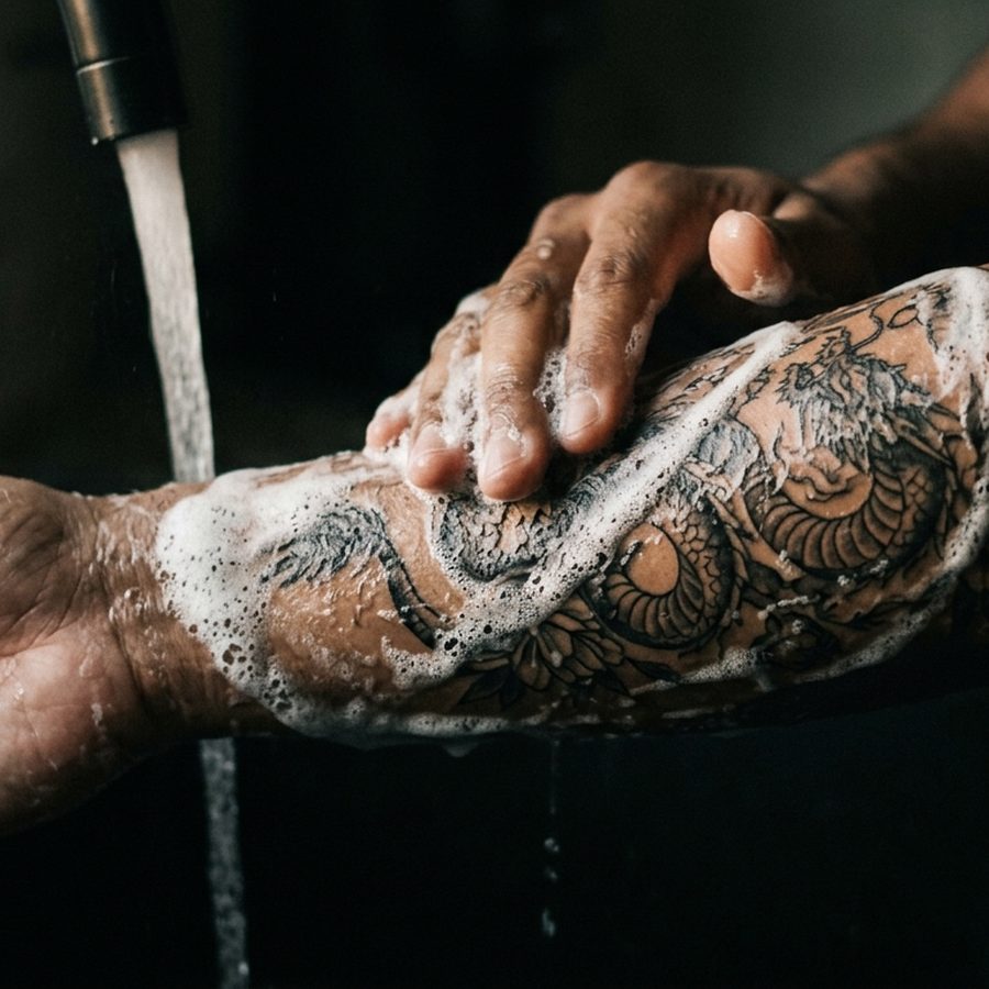 Hands washing a fresh forearm tattoo with unscented foam lather
