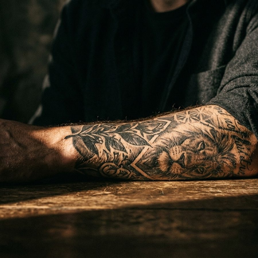 Sunlight falling across a fully healed tattooed forearm